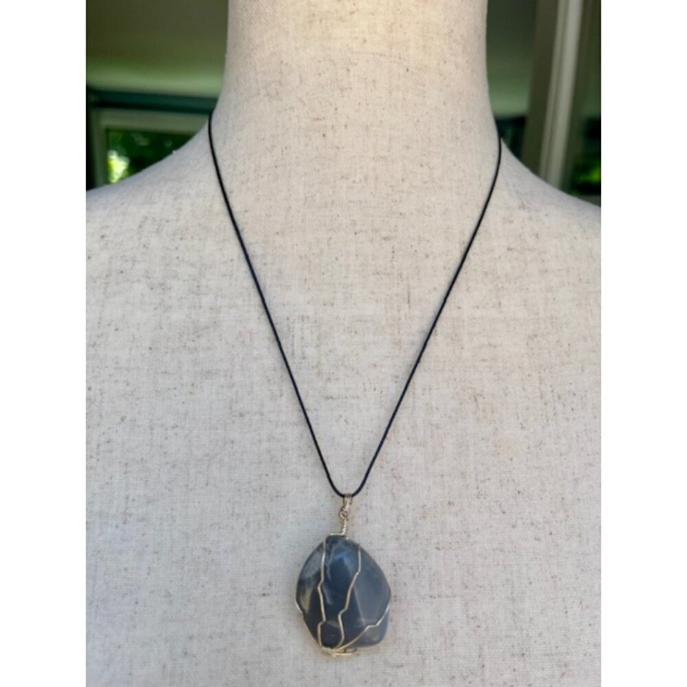 Grey Chalcedony Agate Wire Wrapped Pendant Silver Tone Black Cord Necklace 24"
